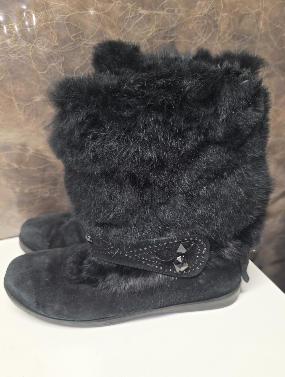 It-girl Black Rabbit Fur Mid-Calf Suede Winter Boots with Studded Strap Eur 37